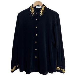 Samuel Wattimena Black Button Down Shirt with Gold Embroidered Detail Medium